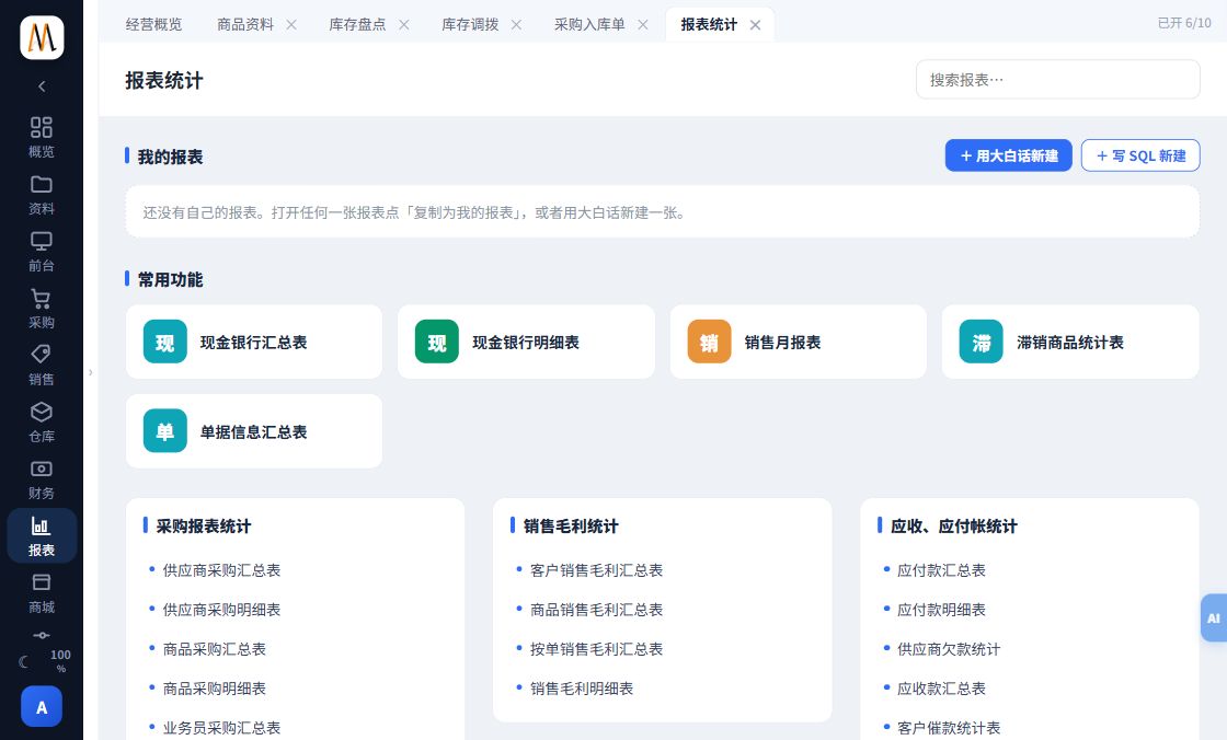 秘奥软件真实后台:中文后台报表目录展示销售月报、滞销商品和往来账等入口。图中不含经营数据,远程查询需核对联网和同步状态。