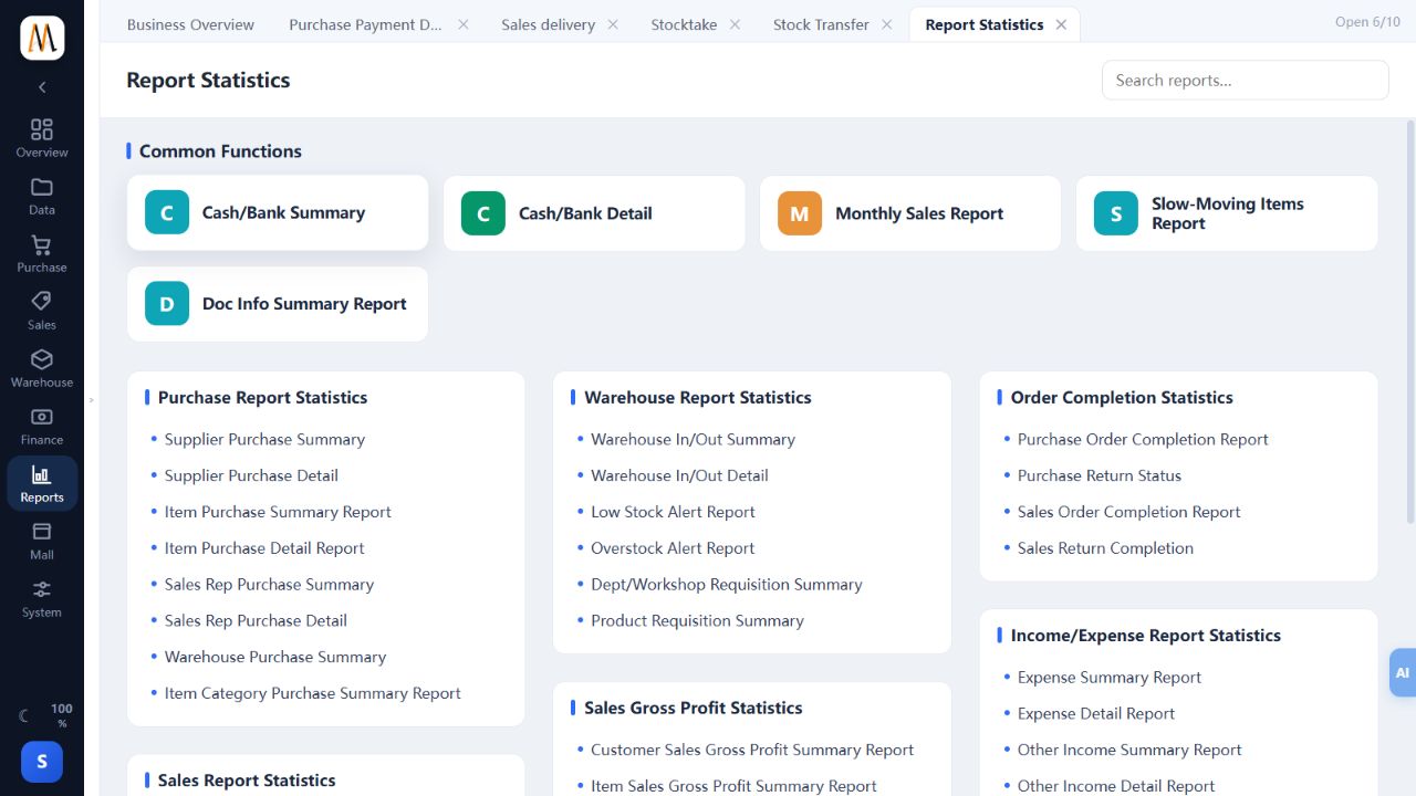 Enhanced Edition report centre in English, showing the reports available to this edition.