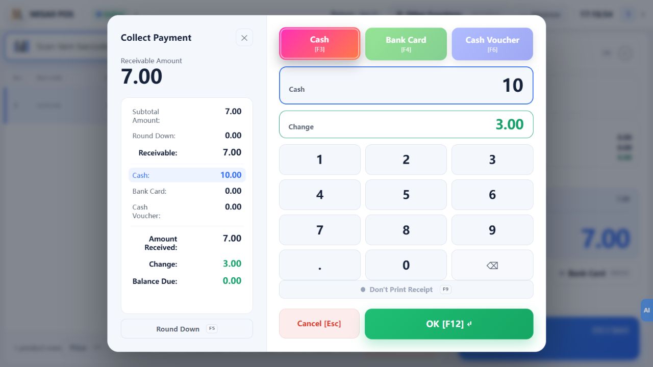 Cash checkout: amount due 7.00, cash tendered 10.00, change 3.00. See the text for the distinction between net receipt and cash tendered.