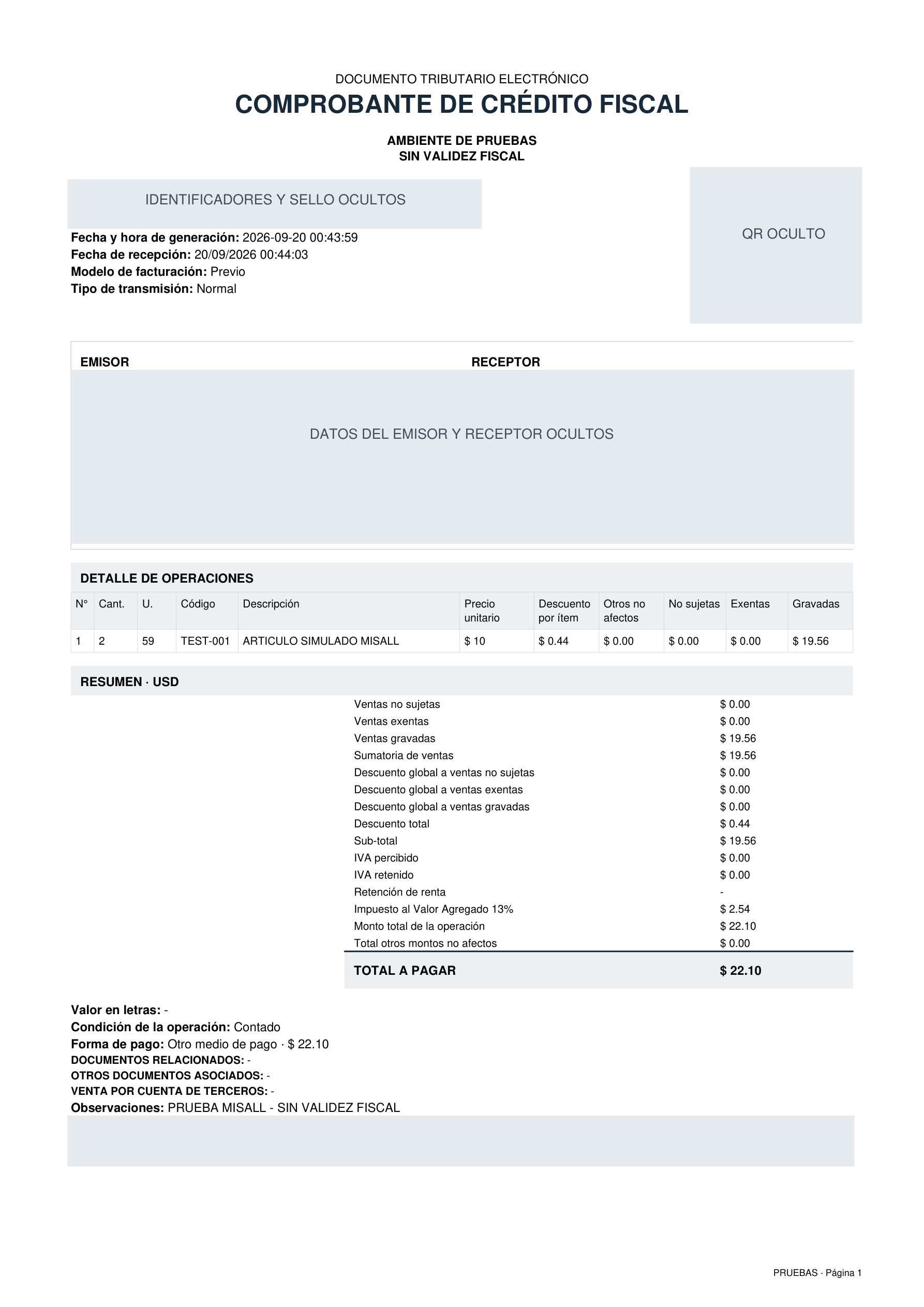 CCF企业票 · A4,萨尔瓦多00测试环境,商户资料、票据编号、接收章原值及二维码已脱敏