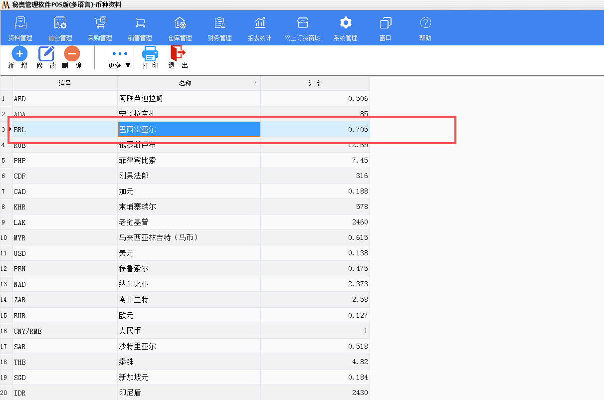秘奥多币种核算界面 秘奥巴西商超软件多币种核算界面,支持雷亚尔人民币记账,适配巴西华人门店汇率换算需求