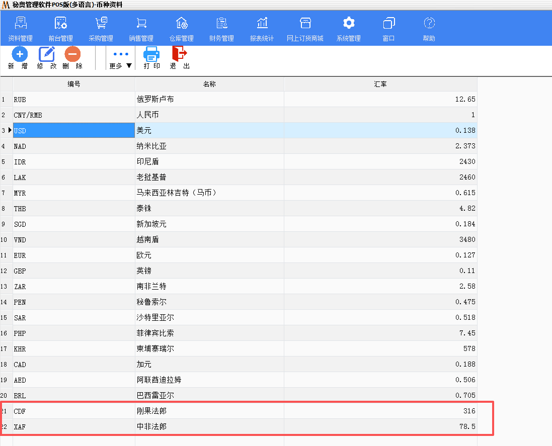 秘奥刚果商超 POS 多币种汇率管理界面